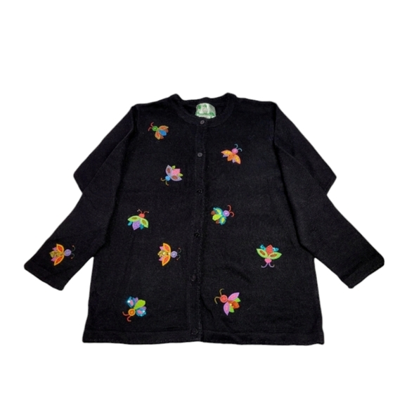 Vintage Quacker Factory Black Beaded Sequin Bumble Bee Cardigan Sweater Large - Picture 2 of 13